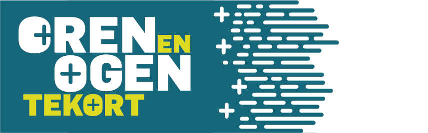 Een blauwe achtergrond die horizontaal naar links van pijltjes overgaat in steeds minder lange streepjes. Op het linkse deel staat in witte en gele letters de tekst Oren en Ogen tekort. Het hart van de O's wordt gemarkeerd met een kruisje. Bij de O van oren zit deze tegen de rand en bij de O van ogen in het midden.