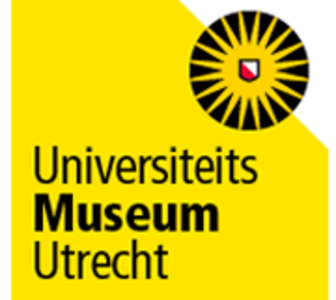 Het logo van het Universiteitsmuseum Utrecht; een zwart rondje met daarin een gele zon met stralen tot de rand van de cirkel. In het midden een rood wit schild.