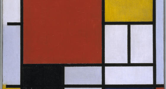 Een afbeelding van een schilderij van Mondriaan herkenbaar aan de verschillende rechthoekige vlakken in rood, geel, blauw en wit, omrand met dunne en dikke zwarte lijnen