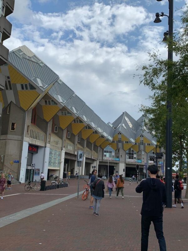 Statig op een rij de grijs gele kubuswoningen waarvan het kubusvormige woongedeelte gekanteld op zijn voet staat.