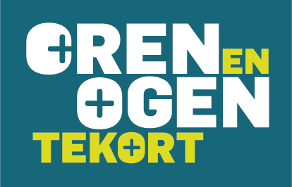 Op een aqua blauw achtergrond staat de tekst Oren en Ogen tekort in witte en geel/groene letters