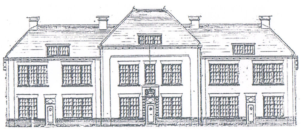 Een zwart wit tekening van het gebouw waar de stichting in gevestigd is. Het is een statig huis van 3 verdiepingen. De 3e verdieping ligt onder een schuin dak en heeft een dakkapel