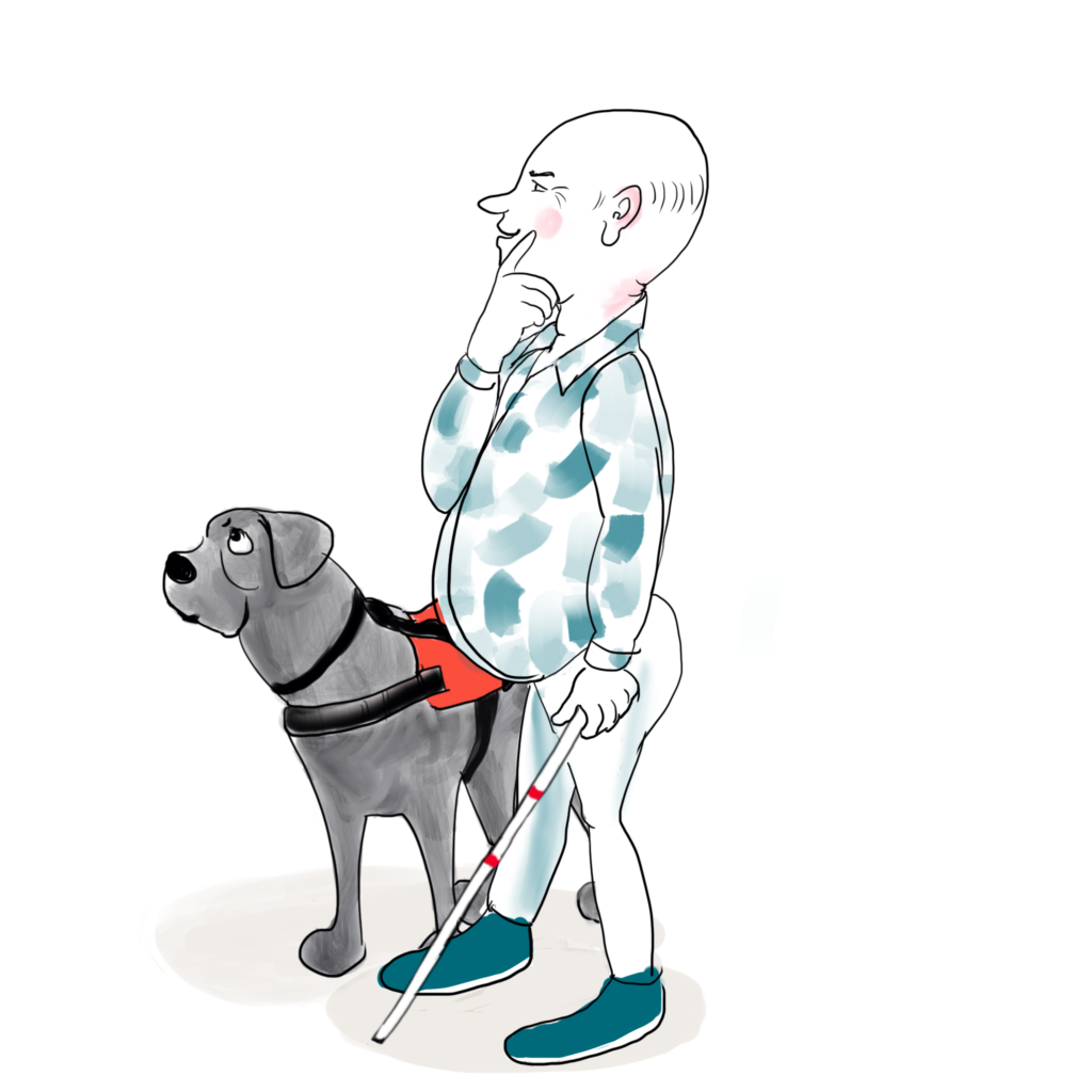 Een illustratie van een man met dikke buik en kaal hoofd die samen met zijn hond bedachtzaam voor zich uit kijkt.