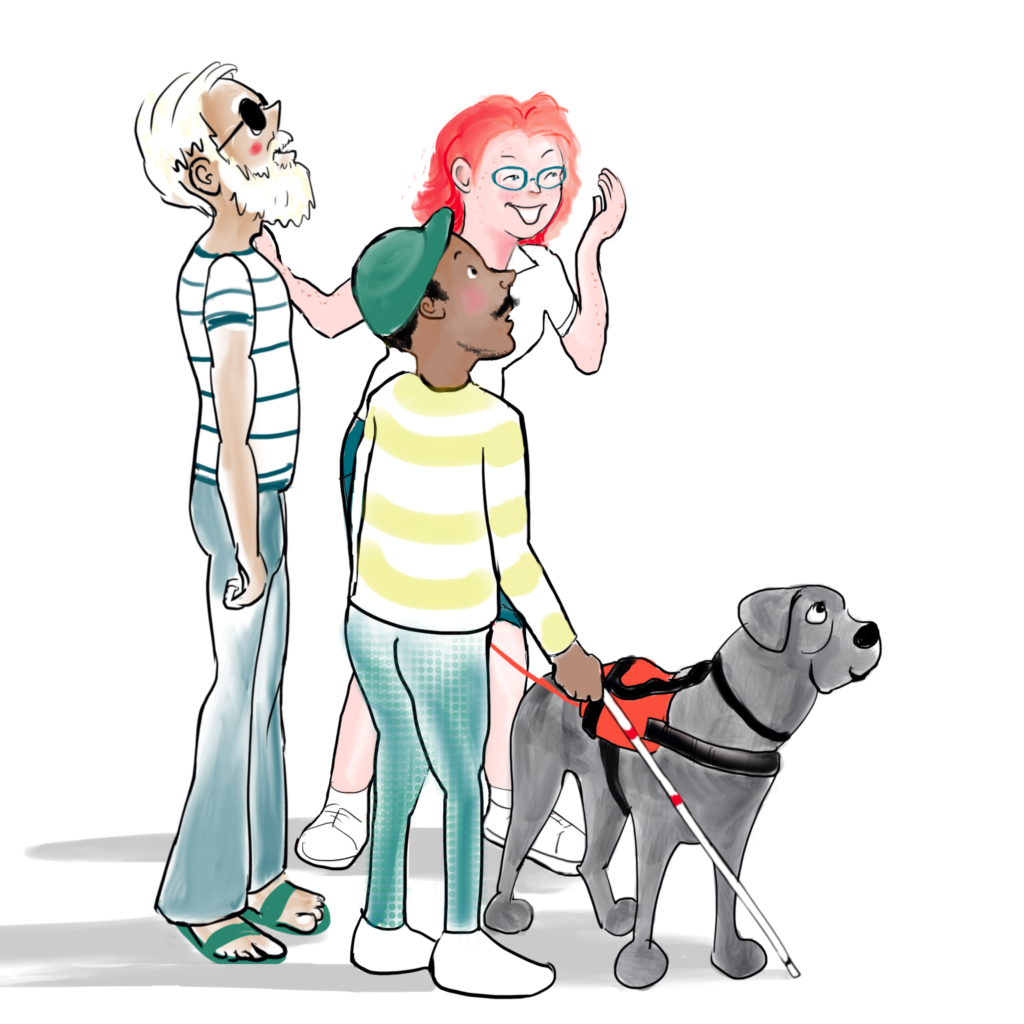 Een illustratie van 3 personen die ergens naar kijken. Een vrouw die moet giechelen, een man met een geleidehond en een man met een donker zonnebril doe omhoog kijkt.