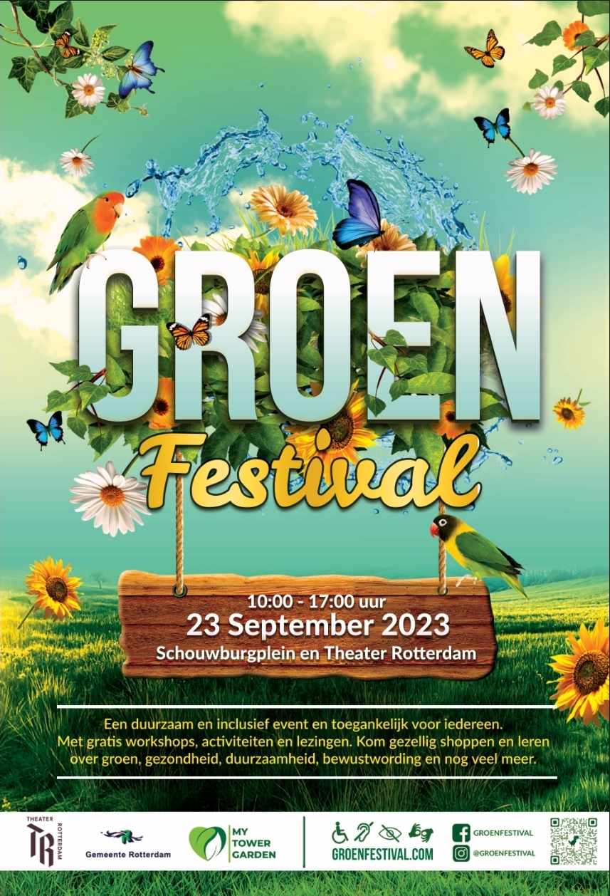 flyer van het Groenfestival met de tekst 23 september Schouwburgplein Rotterdam, 10 tot 17 uur.